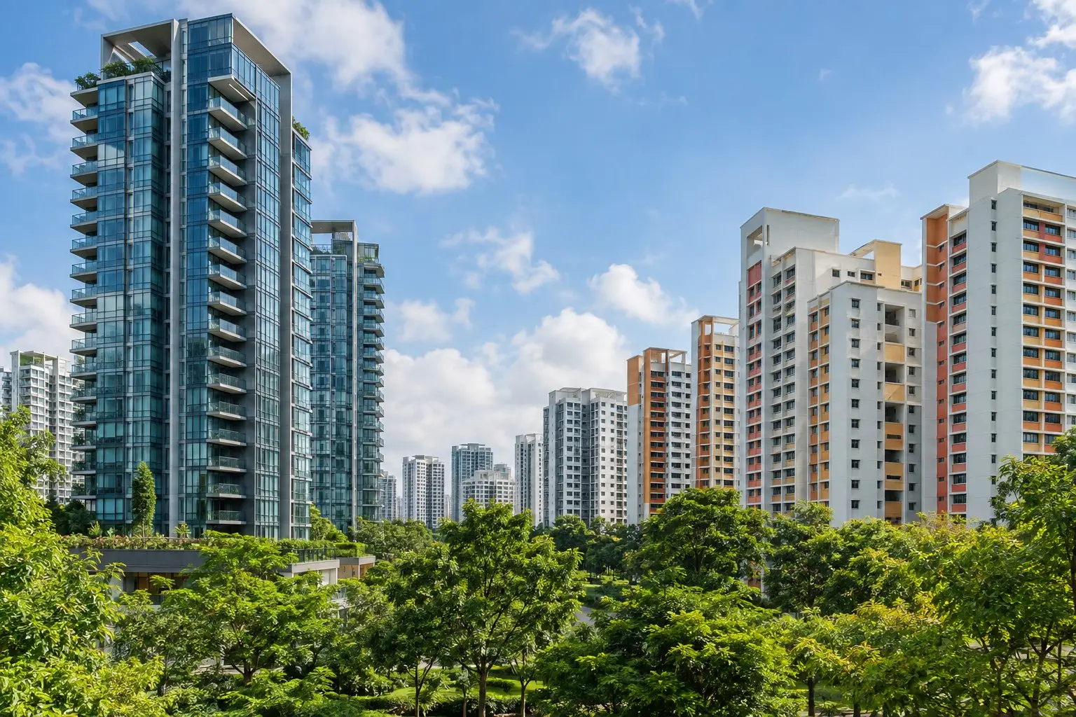 Exterior of modern Singapore condominium and HDB blocks against a bright sky