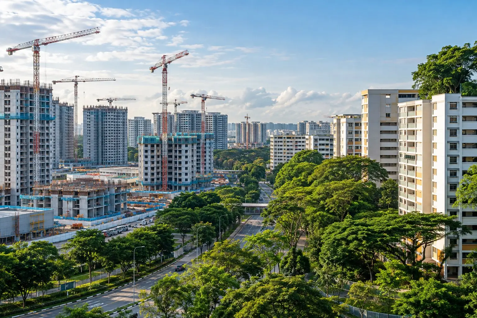 New housing blocks under construction next to an established, leafy estate