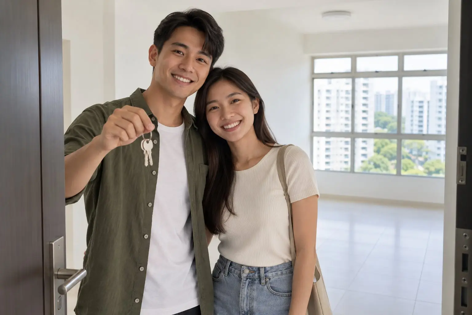 A young couple holding keys in the doorway of an empty flat
