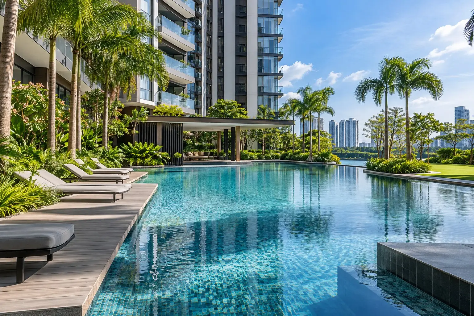 A modern condominium development with a swimming pool and landscaped grounds