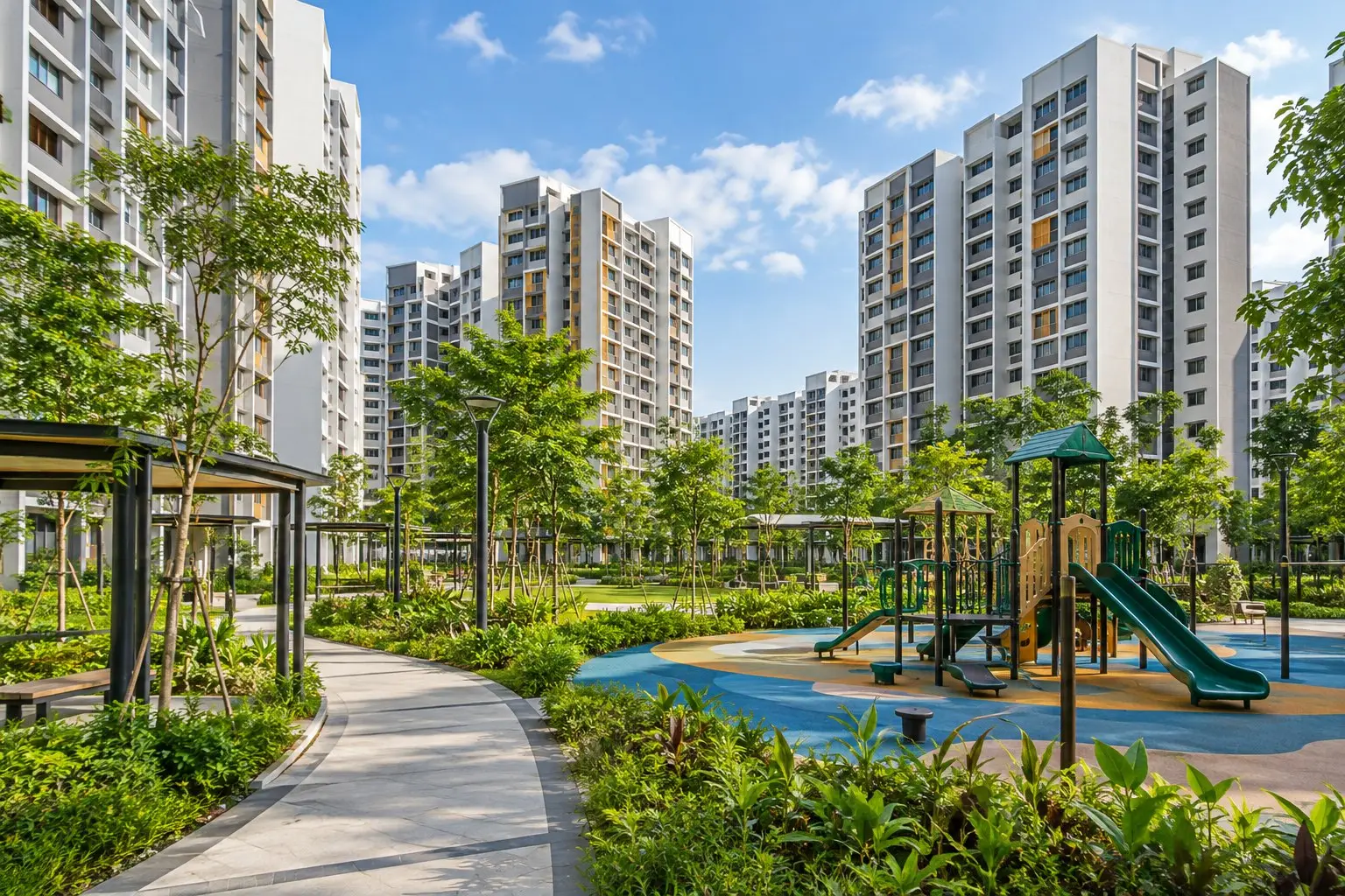 Newly completed HDB blocks with freshly landscaped grounds in a Singapore housing estate