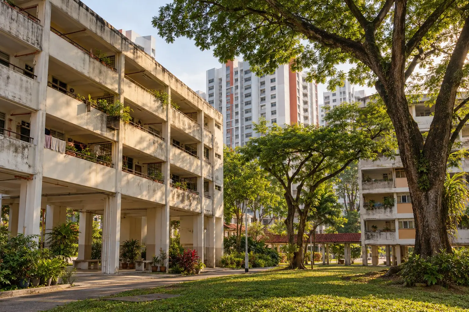 An ageing Singapore HDB estate of older slab blocks with mature trees, a newer block rising behind