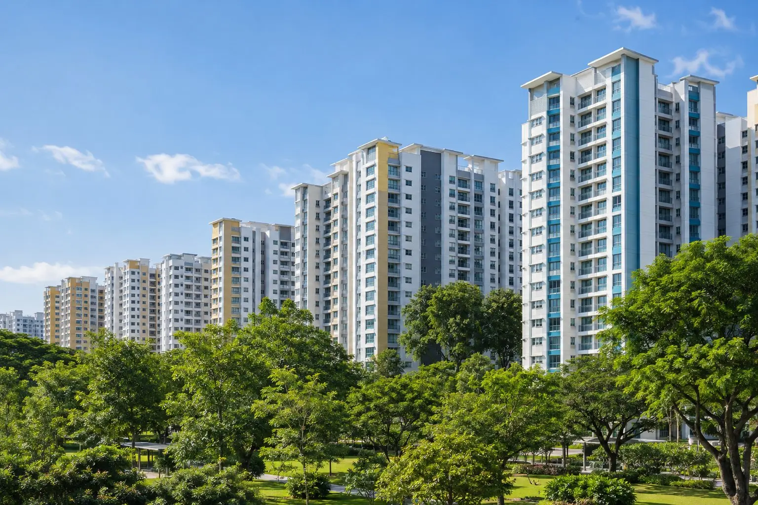 Exterior of a row of HDB blocks with a clear blue sky