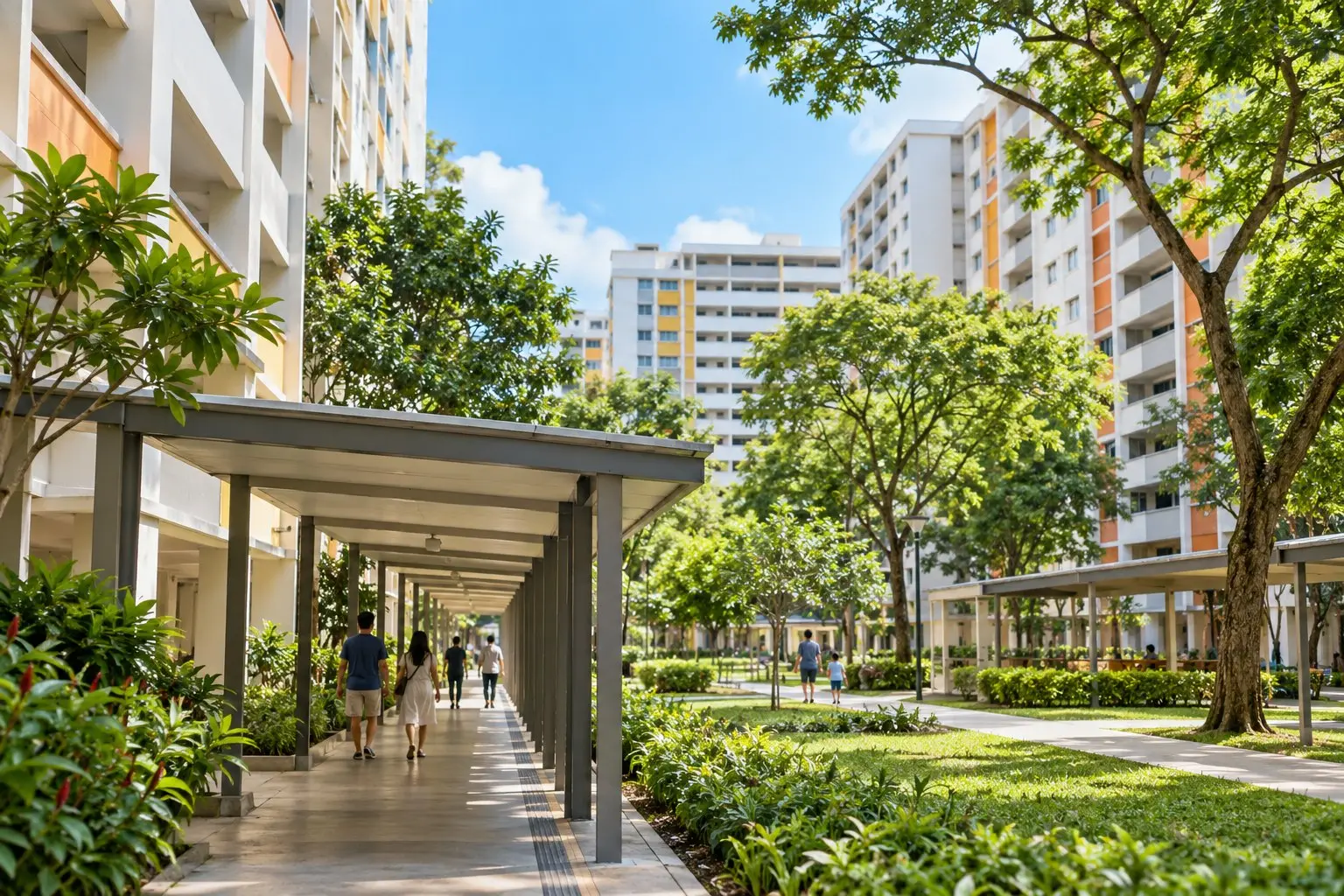 A public housing block with trees and a covered walkway