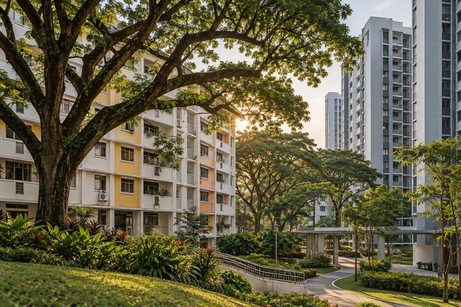An older HDB estate with mature trees beside a newer block of flats
