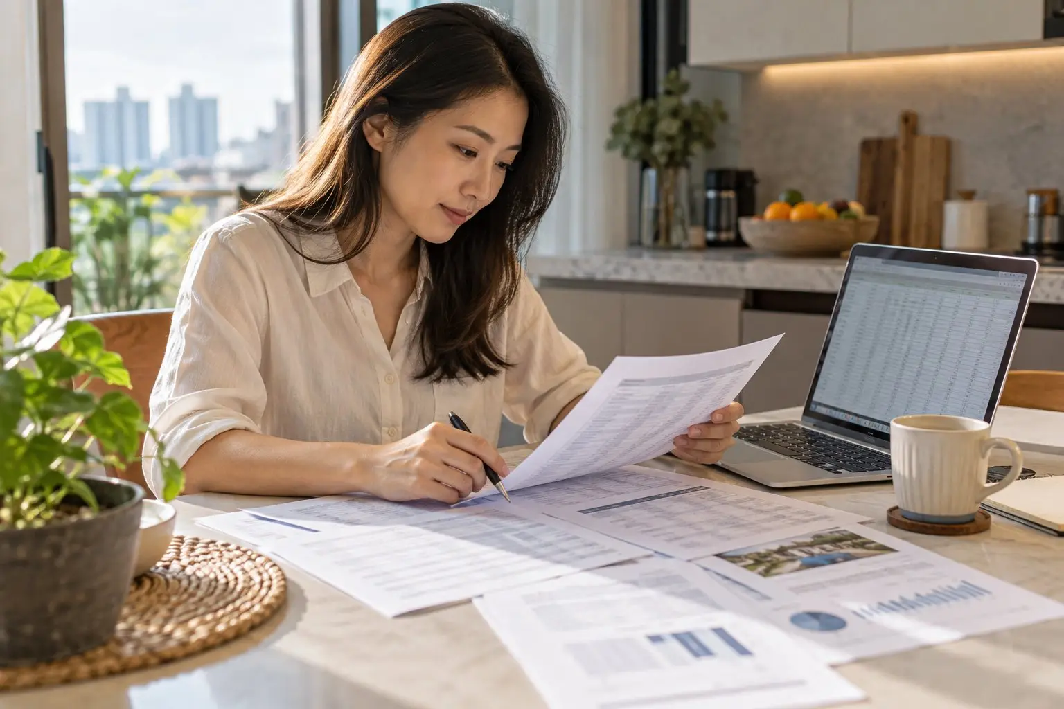 A person at a kitchen table comparing printed HDB resale transaction figures on paper and a laptop