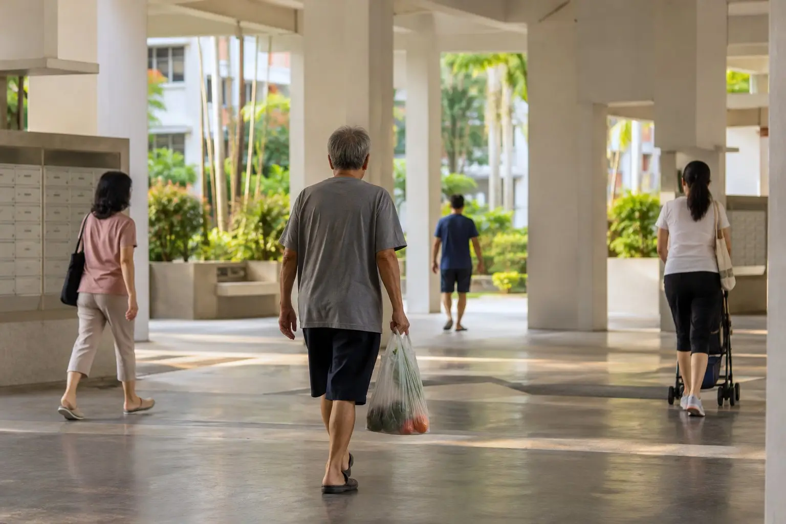 Residents walking through the open void deck of an HDB block on an ordinary weekday