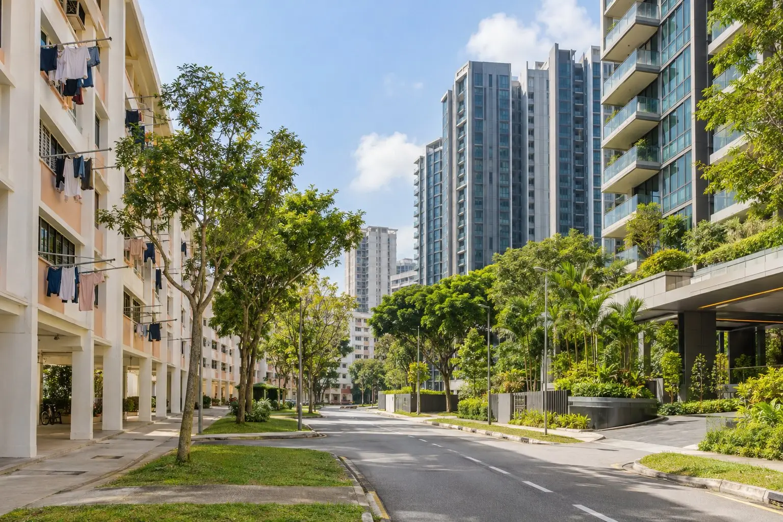 An HDB housing block and a private condominium tower facing each other across a Singapore street