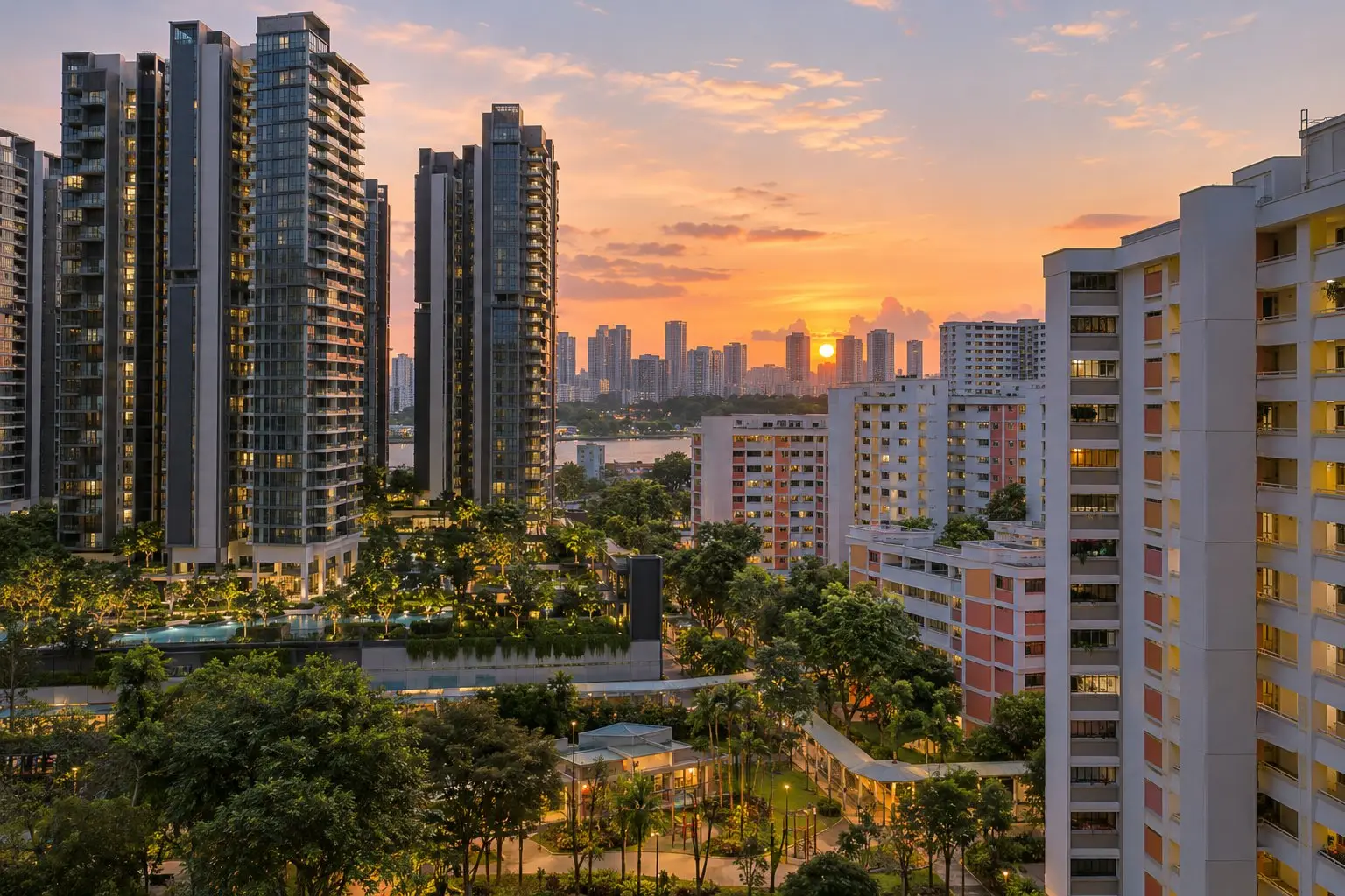 Private condominiums and HDB blocks side by side across a Singapore housing estate at dusk