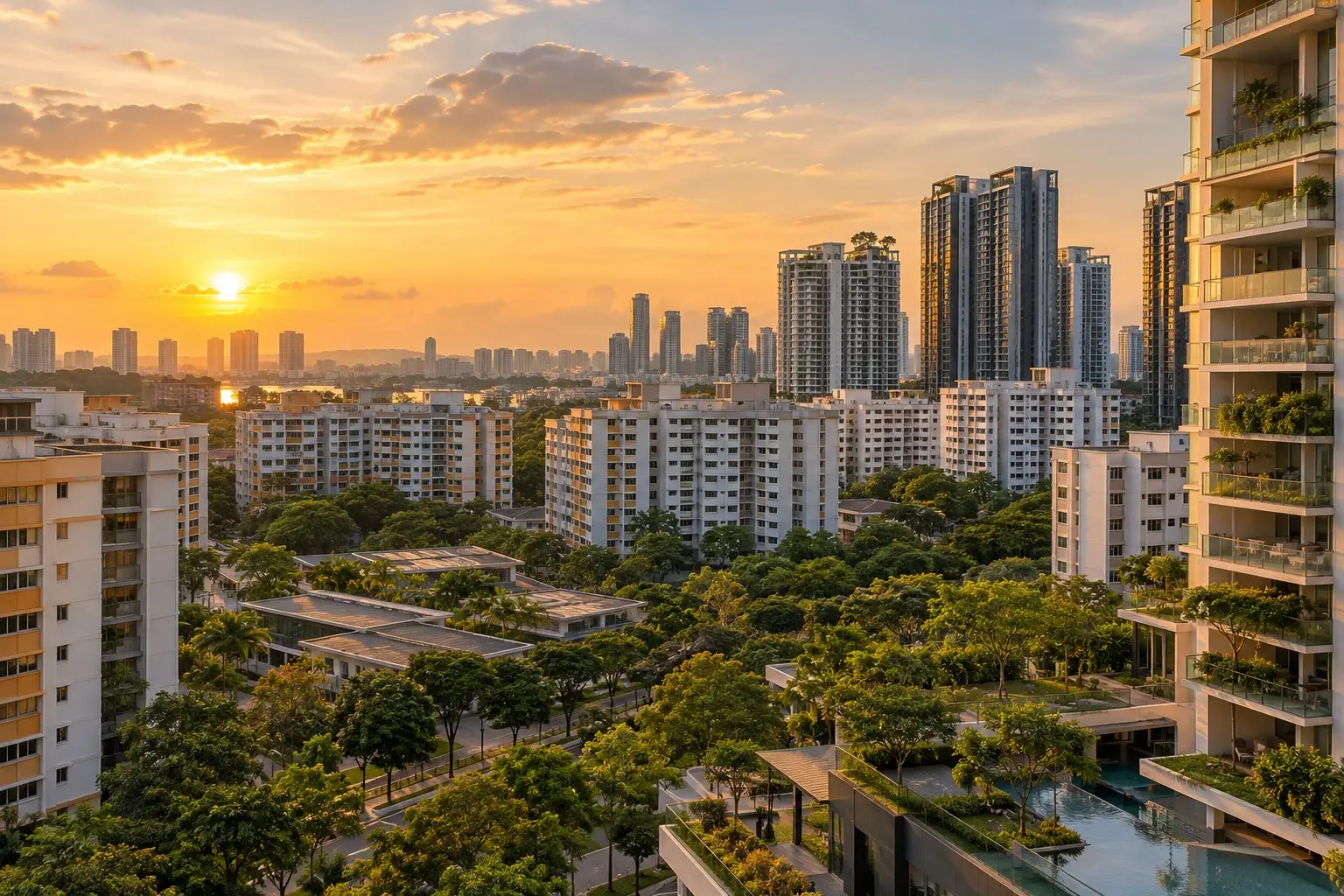 Singapore public housing blocks and private condominium towers side by side under a clear morning sky