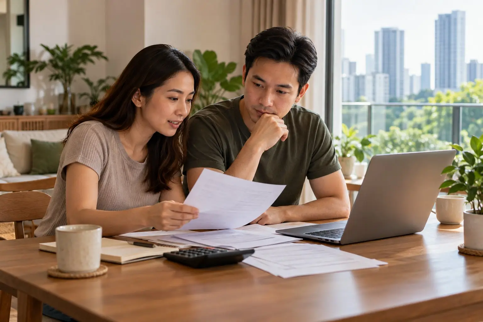 A couple at a dining table reviewing home loan paperwork with a calculator and laptop