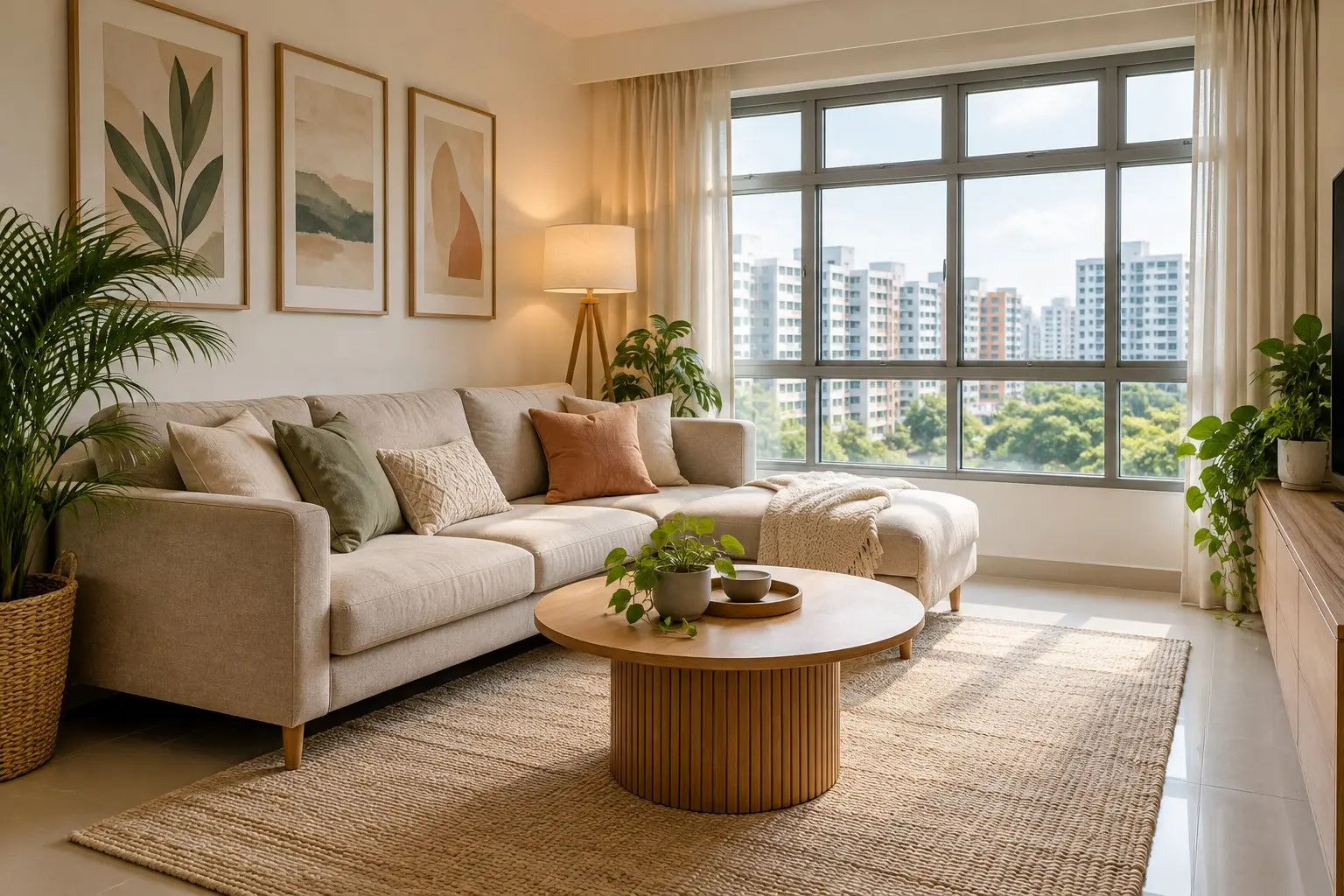 A bright, furnished HDB living room with a sofa and window