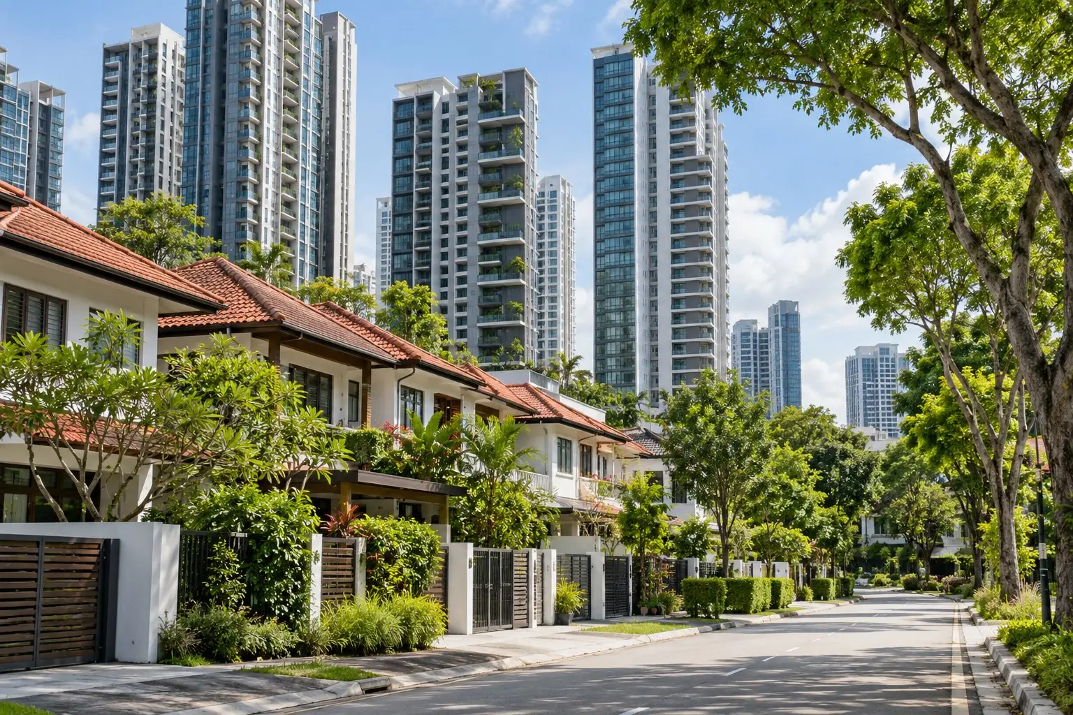 Private condominium towers beside low-rise terraced houses in Singapore under a bright sky
