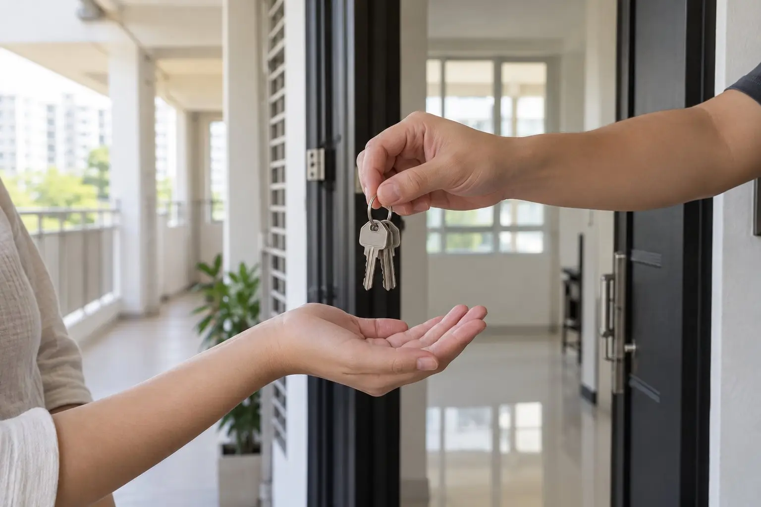 Close-up of HDB flat keys being handed from one person to another at a bright doorway
