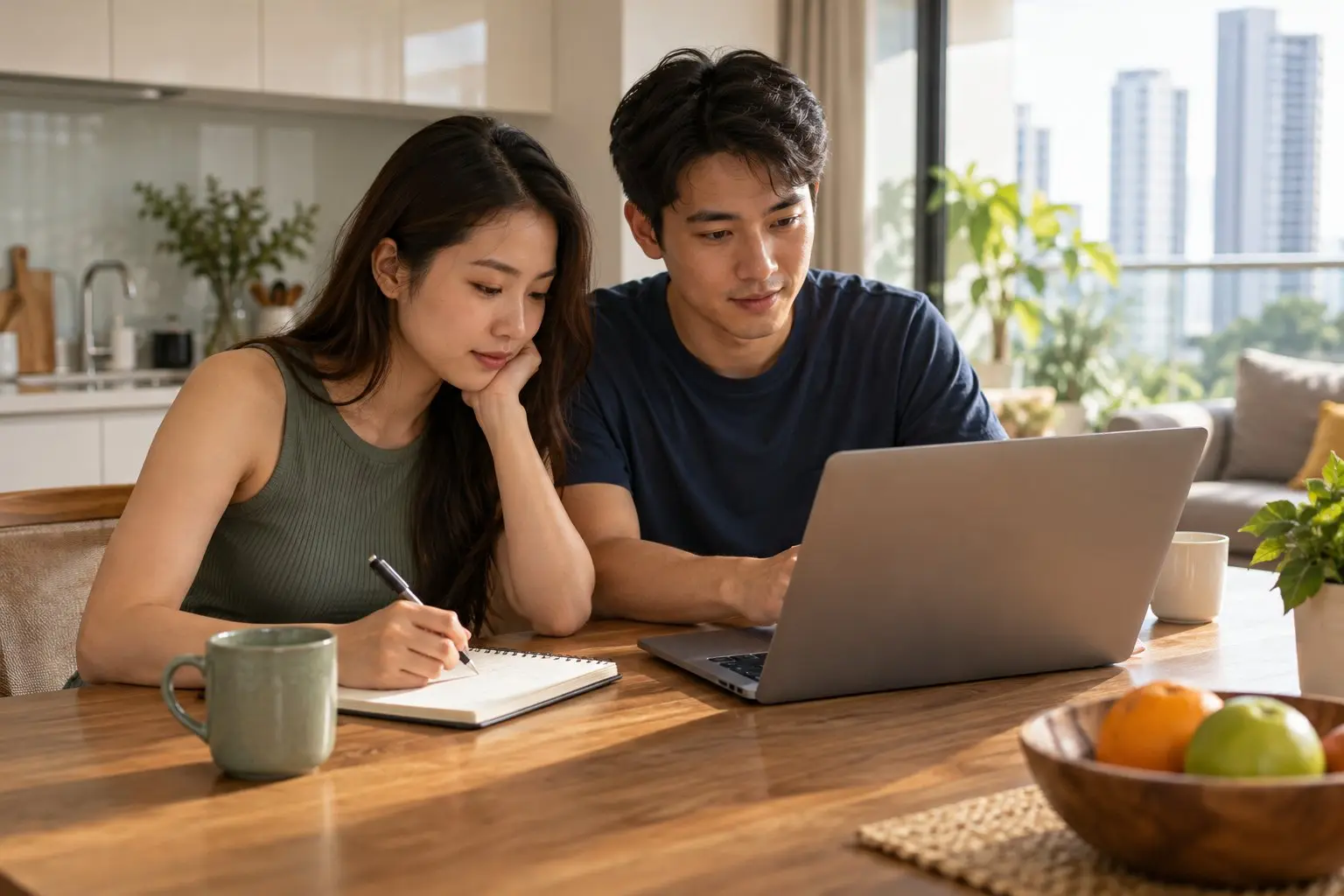 A couple at a kitchen table reviewing household budget figures on a laptop