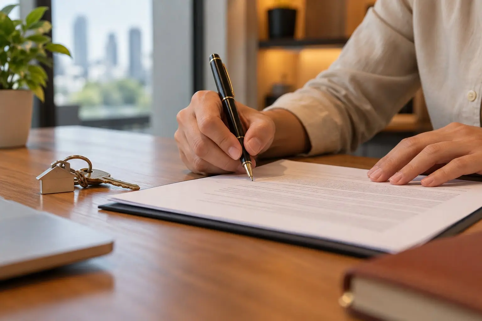 A person signing a printed document at a desk with a set of keys nearby