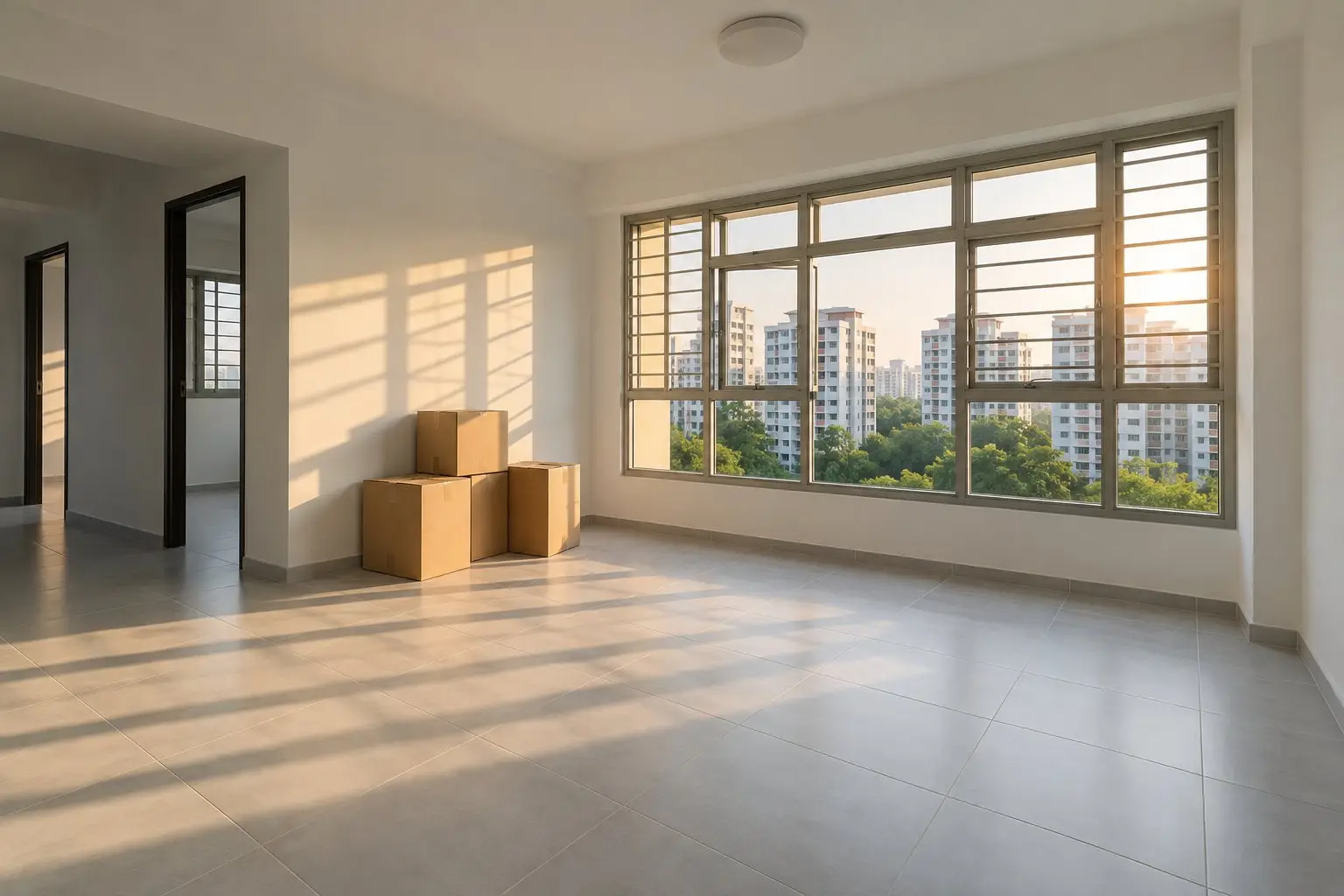 Living room of a newly bought HDB flat with stacked moving boxes and afternoon sunlight